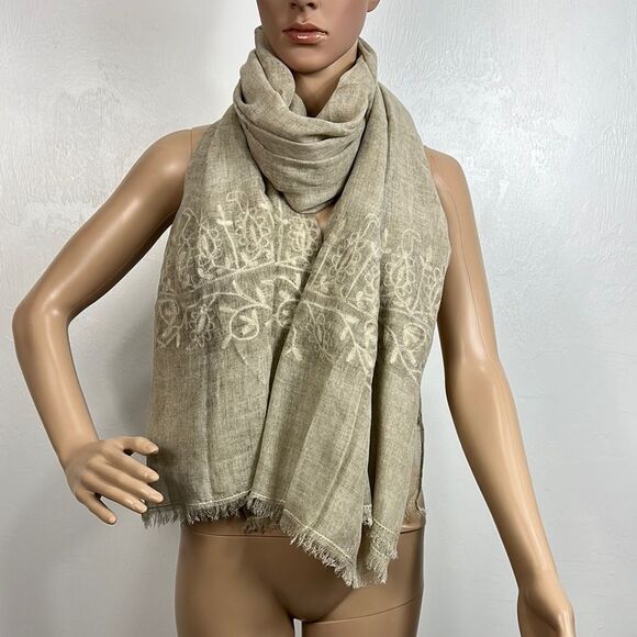 Bocrome Elegant Beige Floral Embroidery Rayon Scarf - Picture 1 of 5